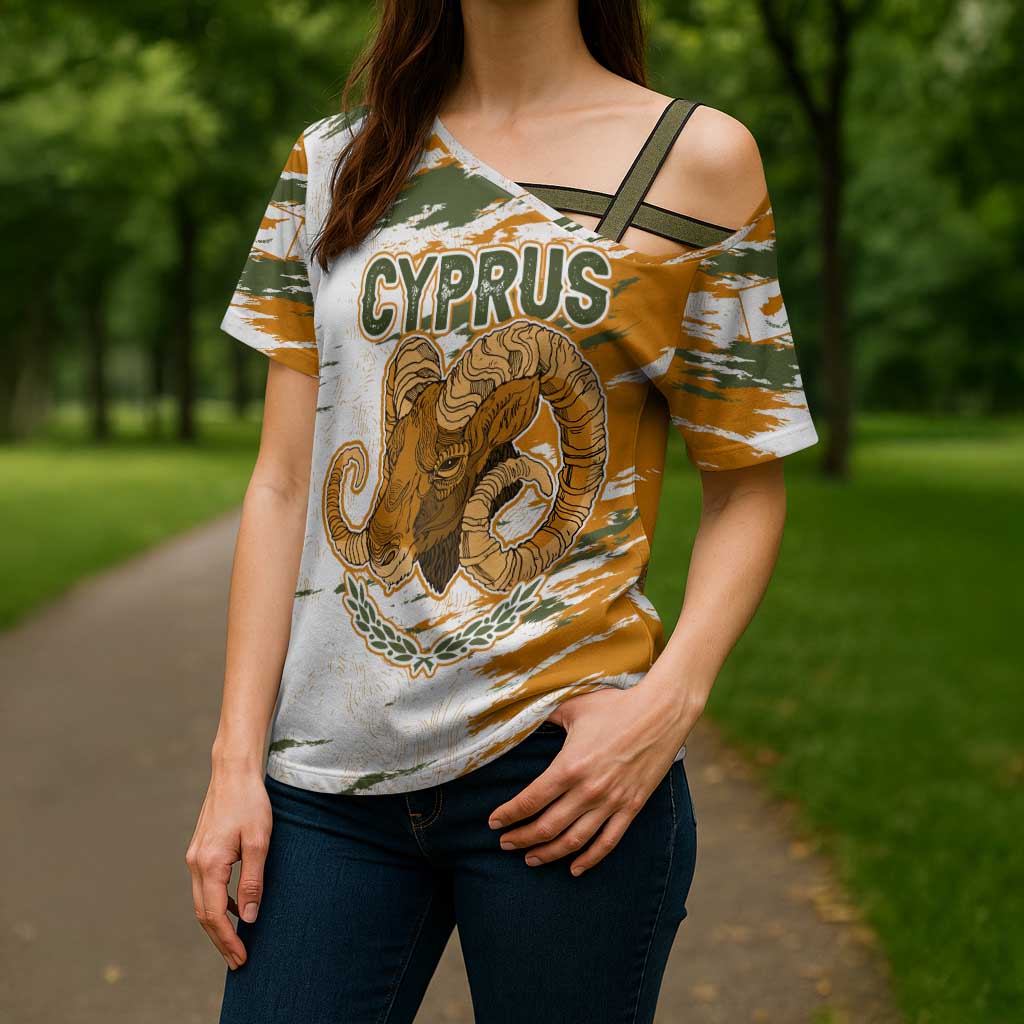 Cyprus Cross Shoulder Shirt with Mouflon Illustration Design and National Laurel - Wonder Print Shop