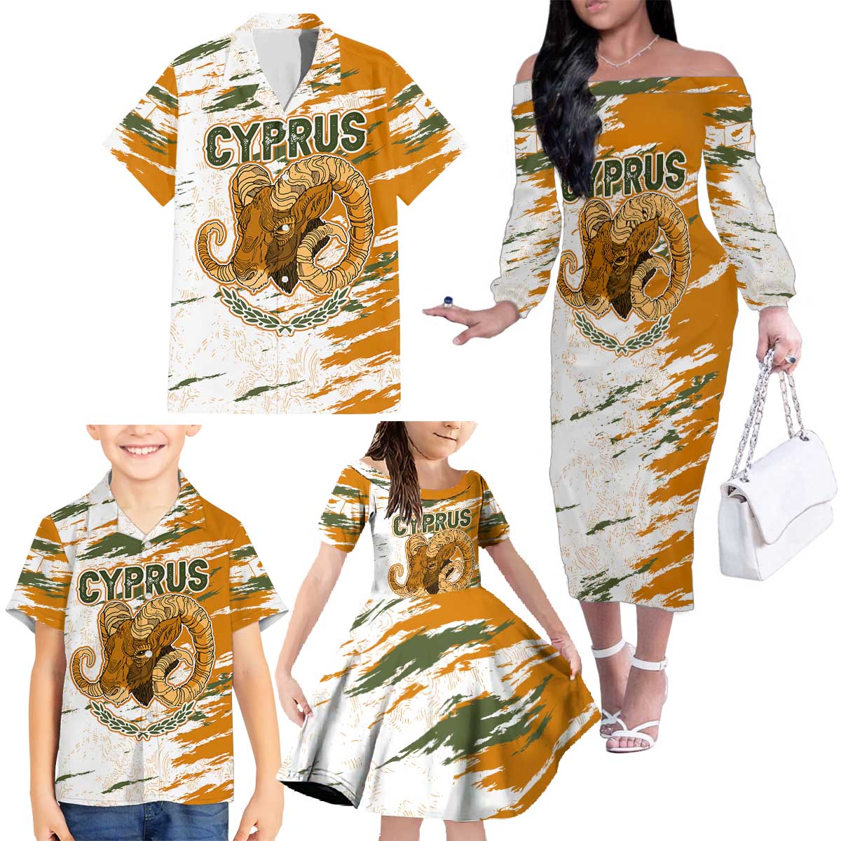 Cyprus Family Matching Off The Shoulder Long Sleeve Dress and Hawaiian Shirt with Mouflon Illustration Design and National Laurel - Wonder Print Shop