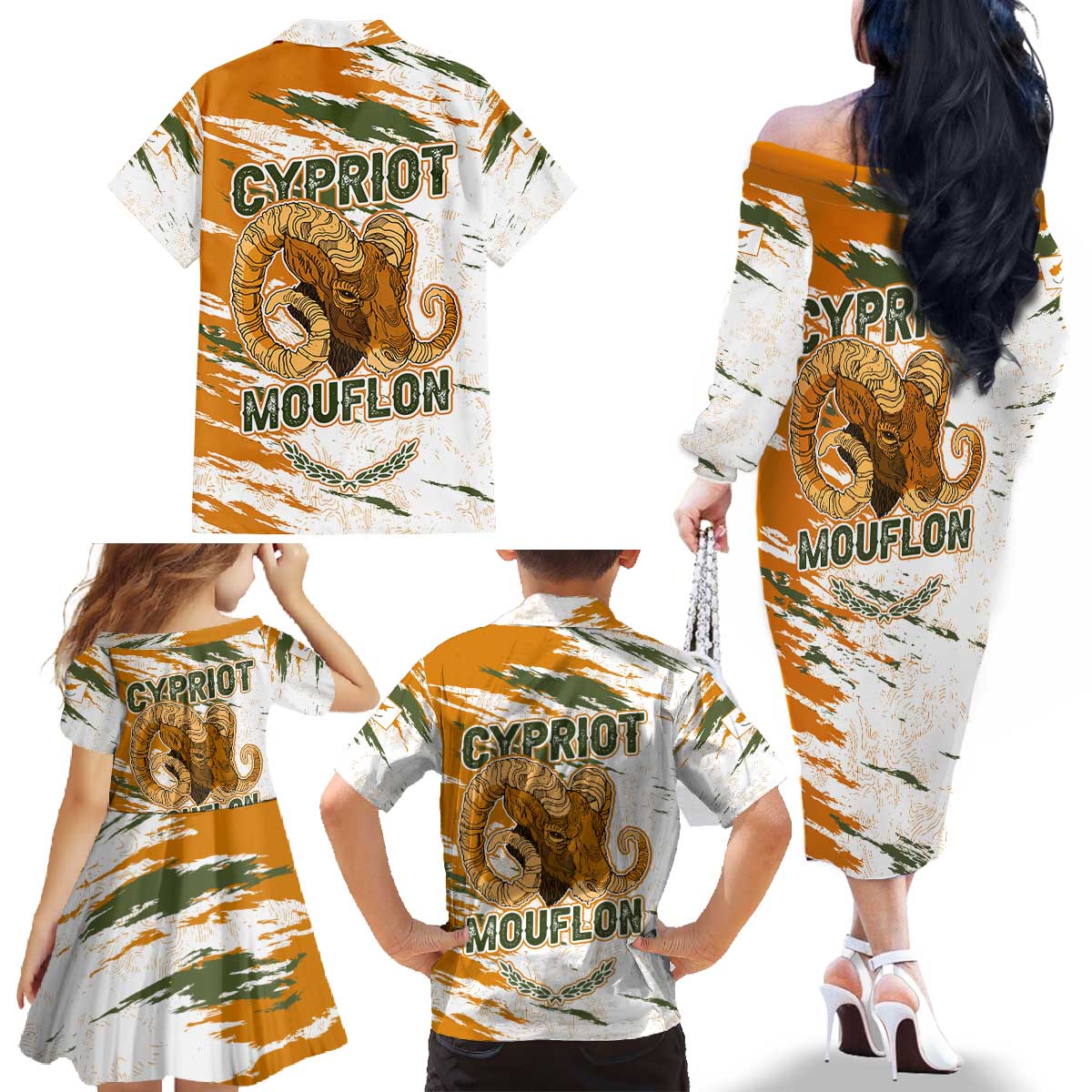 Cyprus Family Matching Off The Shoulder Long Sleeve Dress and Hawaiian Shirt with Mouflon Illustration Design and National Laurel - Wonder Print Shop