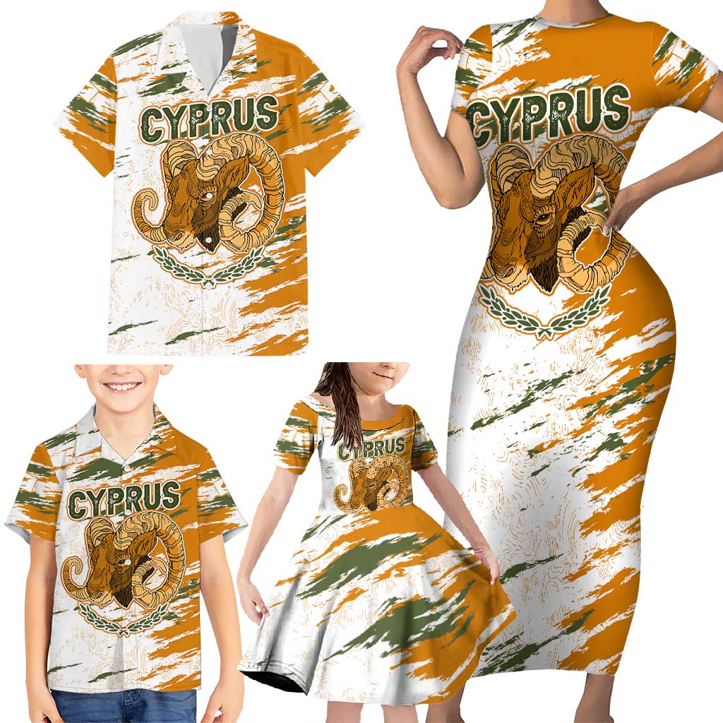 Cyprus Family Matching Short Sleeve Bodycon Dress and Hawaiian Shirt with Mouflon Illustration Design and National Laurel - Wonder Print Shop