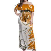 Cyprus Off Shoulder Maxi Dress with Mouflon Illustration Design and National Laurel - Wonder Print Shop