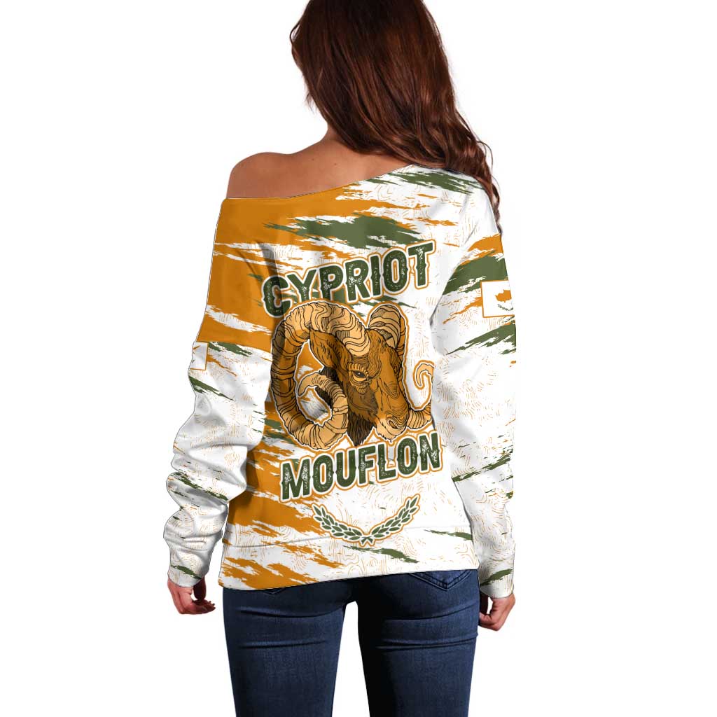 Cyprus Off Shoulder Sweater with Mouflon Illustration Design and National Laurel - Wonder Print Shop