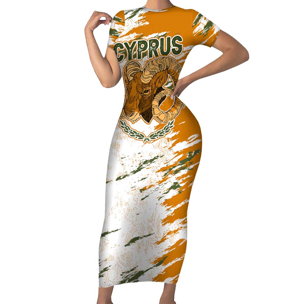 Cyprus Short Sleeve Bodycon Dress with Mouflon Illustration Design and National Laurel - Wonder Print Shop