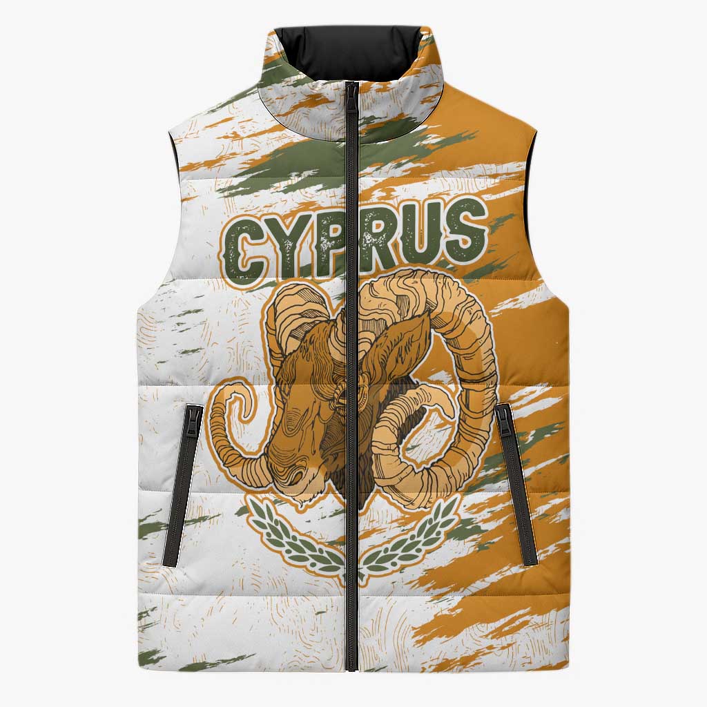 Cyprus Sleeveless Puffer Jacket with Mouflon Illustration Design and National Laurel - Wonder Print Shop