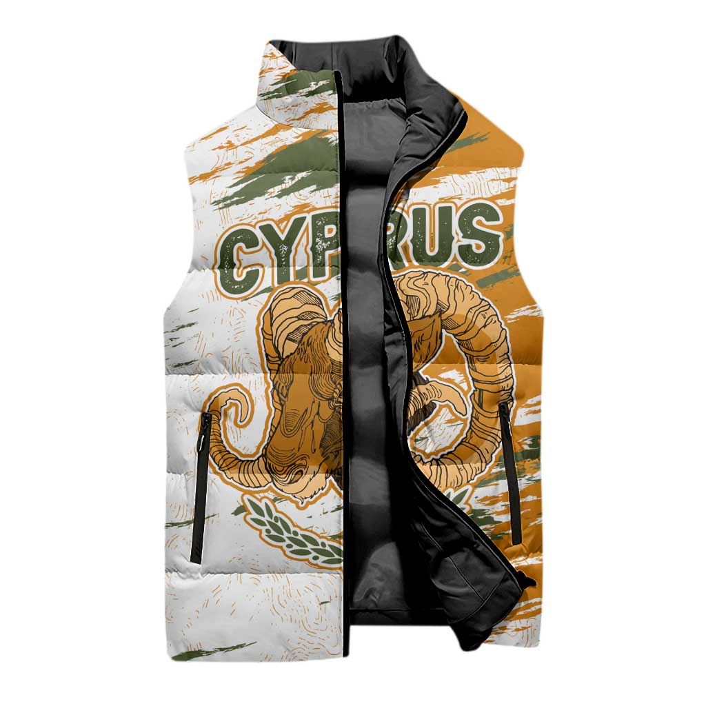 Cyprus Sleeveless Puffer Jacket with Mouflon Illustration Design and National Laurel - Wonder Print Shop