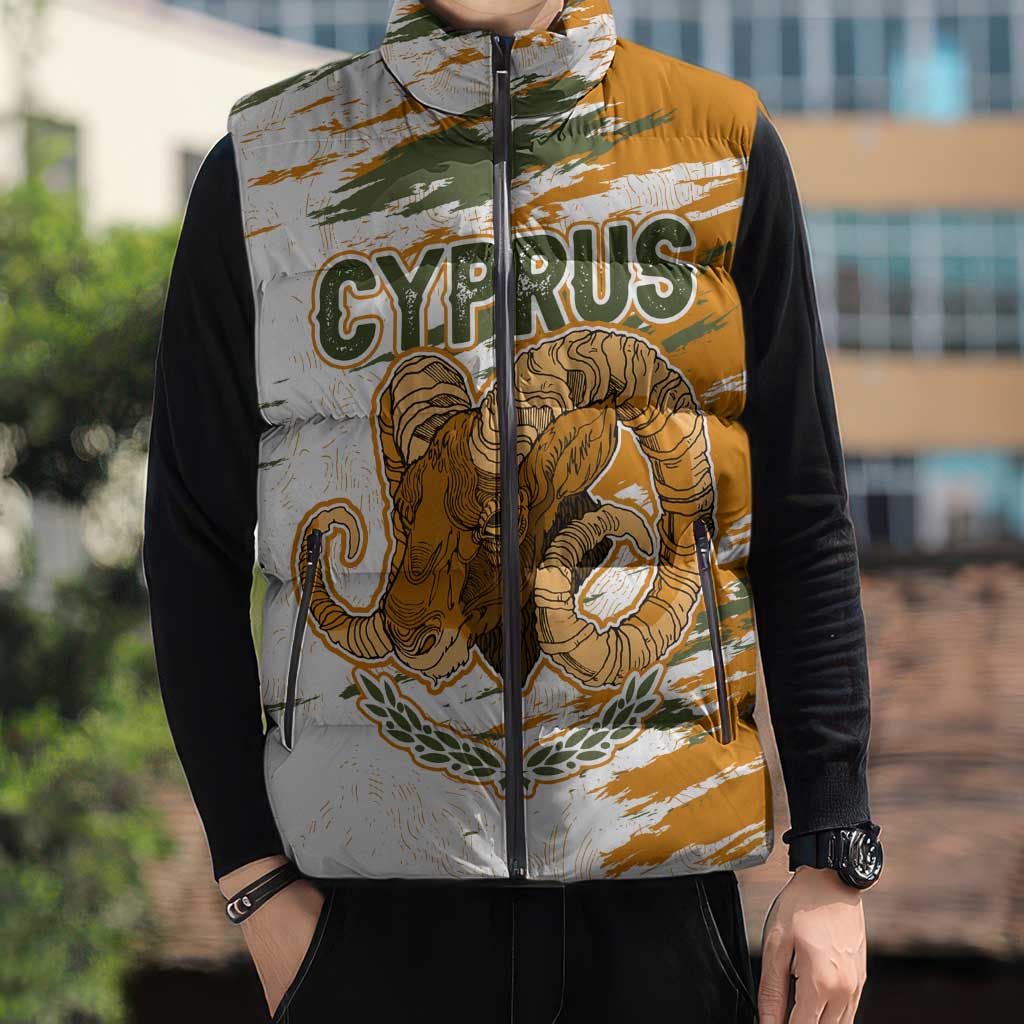 Cyprus Sleeveless Puffer Jacket with Mouflon Illustration Design and National Laurel - Wonder Print Shop