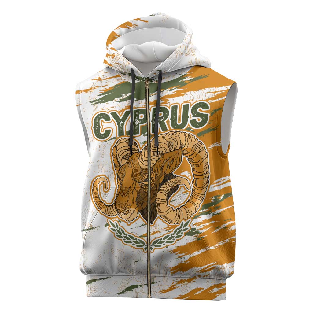 Cyprus Sleeveless Zip Hoodie with Mouflon Illustration Design and National Laurel - Wonder Print Shop