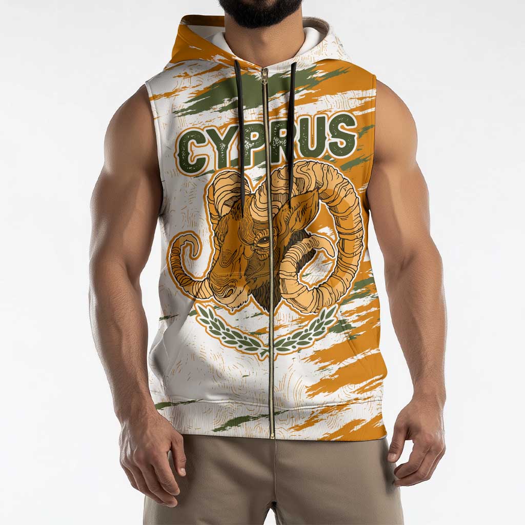Cyprus Sleeveless Zip Hoodie with Mouflon Illustration Design and National Laurel - Wonder Print Shop