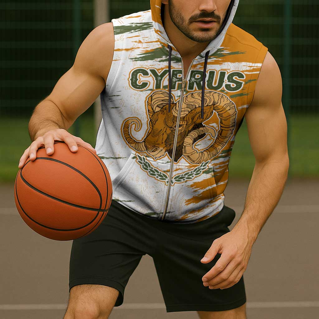 Cyprus Sleeveless Zip Hoodie with Mouflon Illustration Design and National Laurel - Wonder Print Shop
