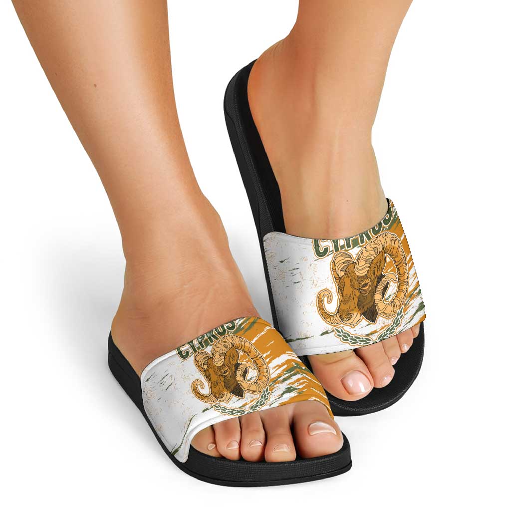 Cyprus Slide Sandals with Mouflon Illustration Design and National Laurel - Wonder Print Shop