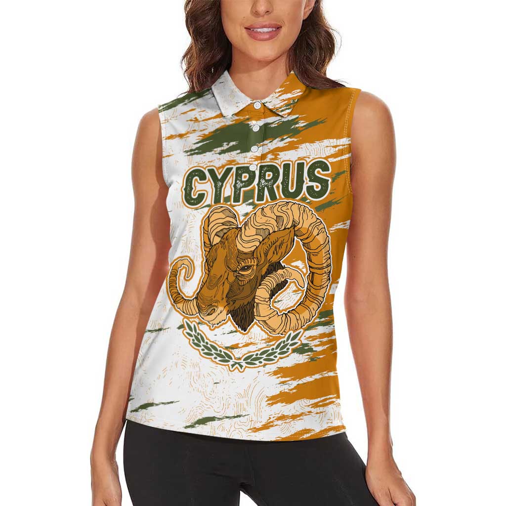 Cyprus Women Sleeveless Polo Shirt with Mouflon Illustration Design and National Laurel - Wonder Print Shop