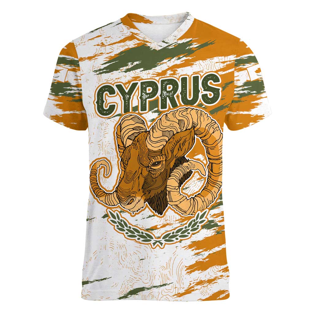 Cyprus Women V-Neck T-Shirt with Mouflon Illustration Design and National Laurel - Wonder Print Shop