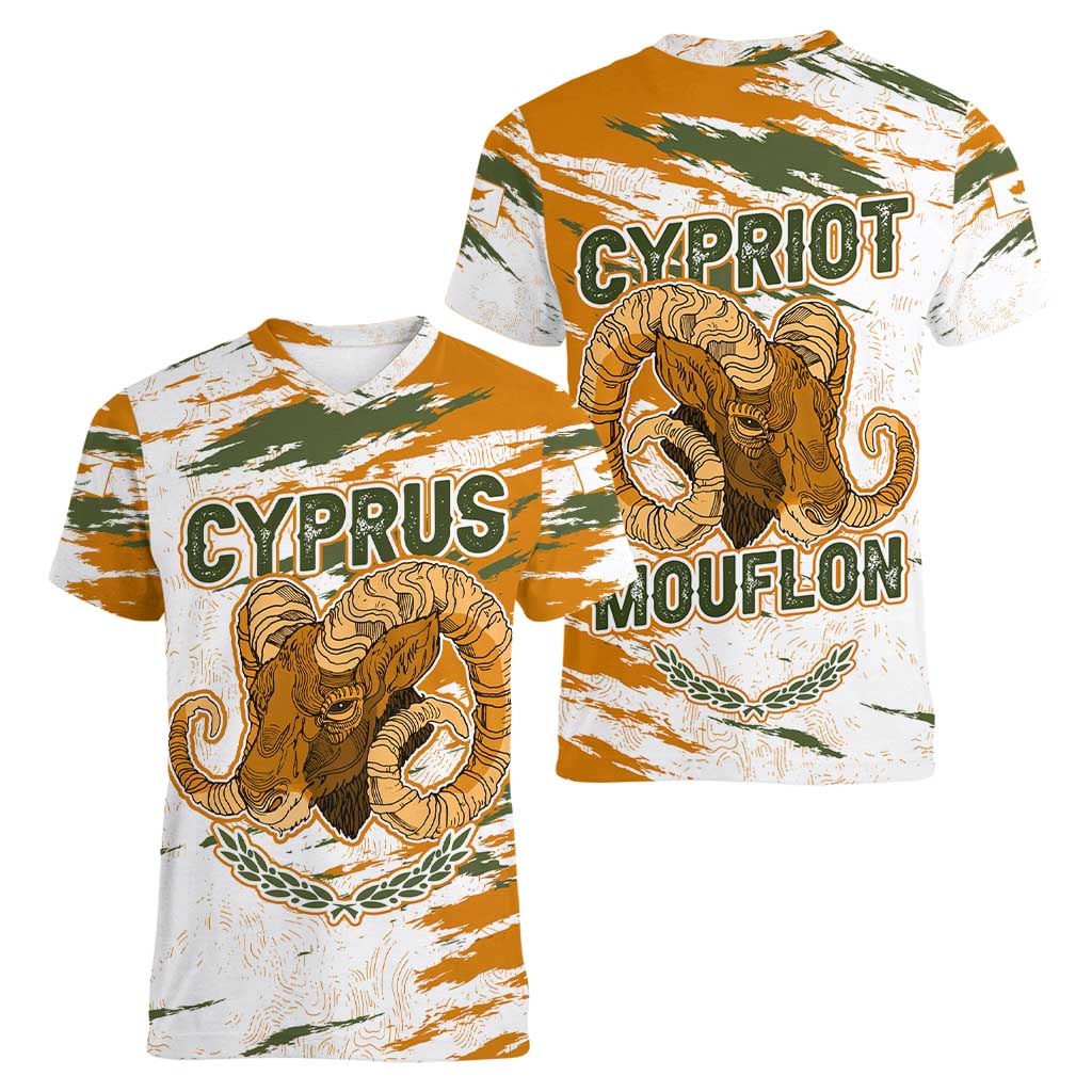 Cyprus Women V-Neck T-Shirt with Mouflon Illustration Design and National Laurel - Wonder Print Shop