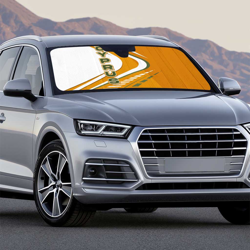 Cyprus Auto Sun Shade with Orange White Abstract Streak Design and Flag Emblem - Wonder Print Shop