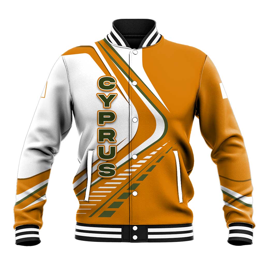 Cyprus Baseball Jacket with Orange White Abstract Streak Design and Flag Emblem - Wonder Print Shop