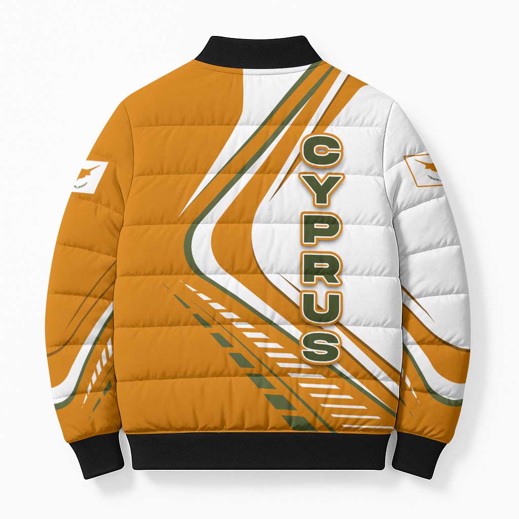 Cyprus Bomber Puffer Jacket with Orange White Abstract Streak Design and Flag Emblem - Wonder Print Shop