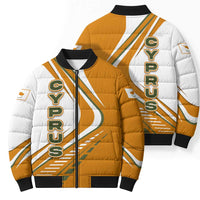 Cyprus Bomber Puffer Jacket with Orange White Abstract Streak Design and Flag Emblem - Wonder Print Shop