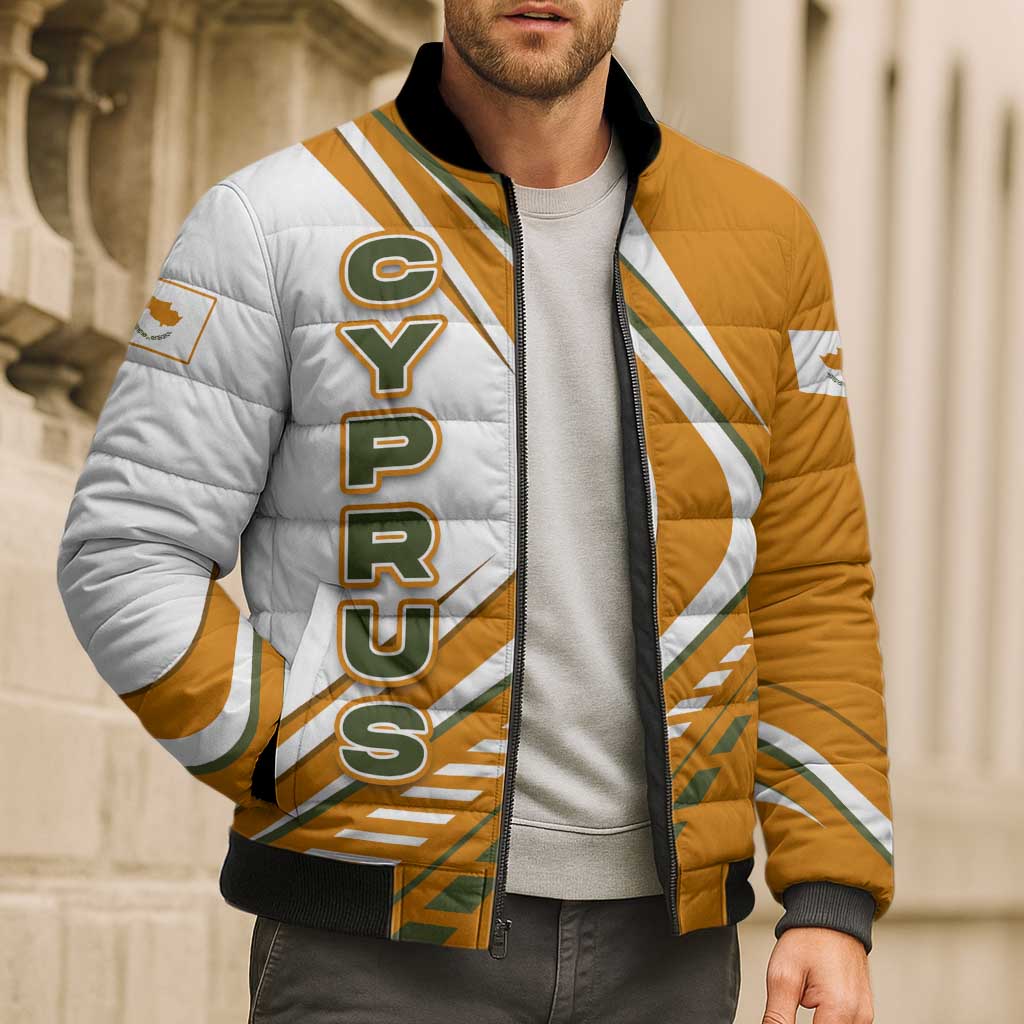 Cyprus Bomber Puffer Jacket with Orange White Abstract Streak Design and Flag Emblem - Wonder Print Shop