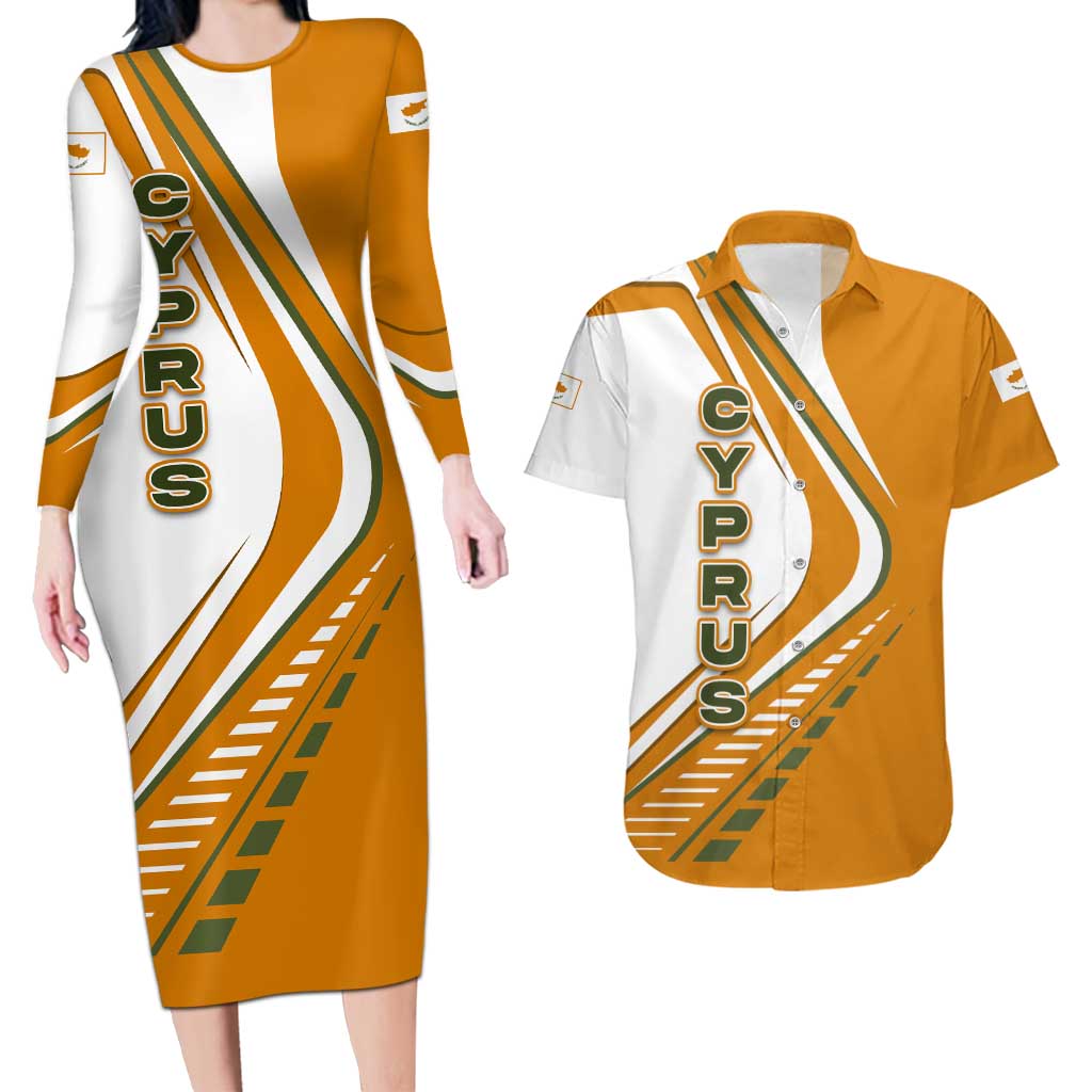 Cyprus Couples Matching Long Sleeve Bodycon Dress and Hawaiian Shirt with Orange White Abstract Streak Design and Flag Emblem - Wonder Print Shop