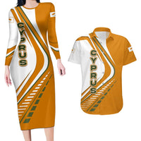 Cyprus Couples Matching Long Sleeve Bodycon Dress and Hawaiian Shirt with Orange White Abstract Streak Design and Flag Emblem - Wonder Print Shop