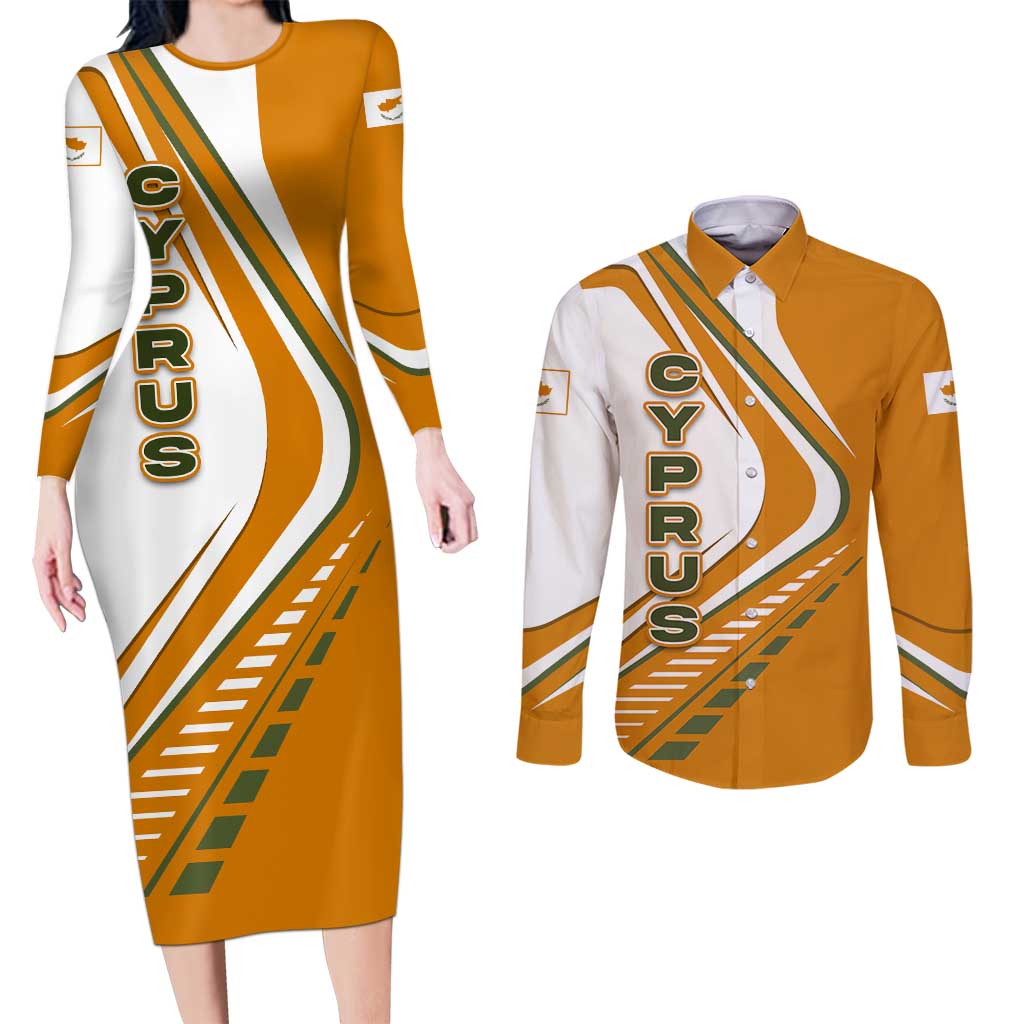 Cyprus Couples Matching Long Sleeve Bodycon Dress and Long Sleeve Button Shirt with Orange White Abstract Streak Design and Flag Emblem - Wonder Print Shop