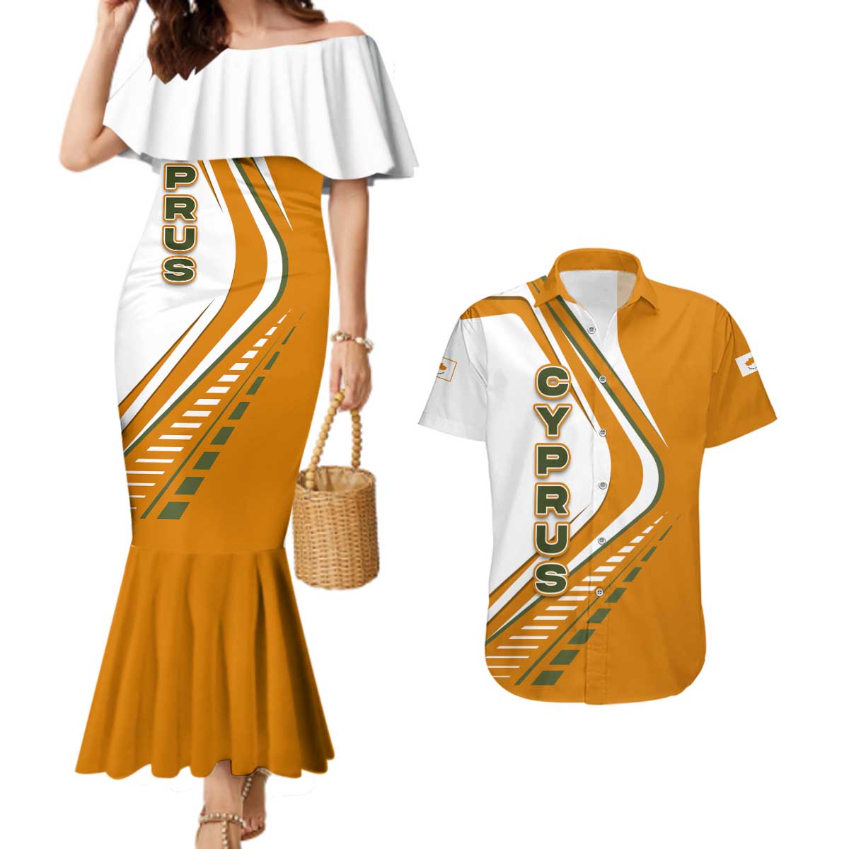 Cyprus Couples Matching Mermaid Dress and Hawaiian Shirt with Orange White Abstract Streak Design and Flag Emblem - Wonder Print Shop