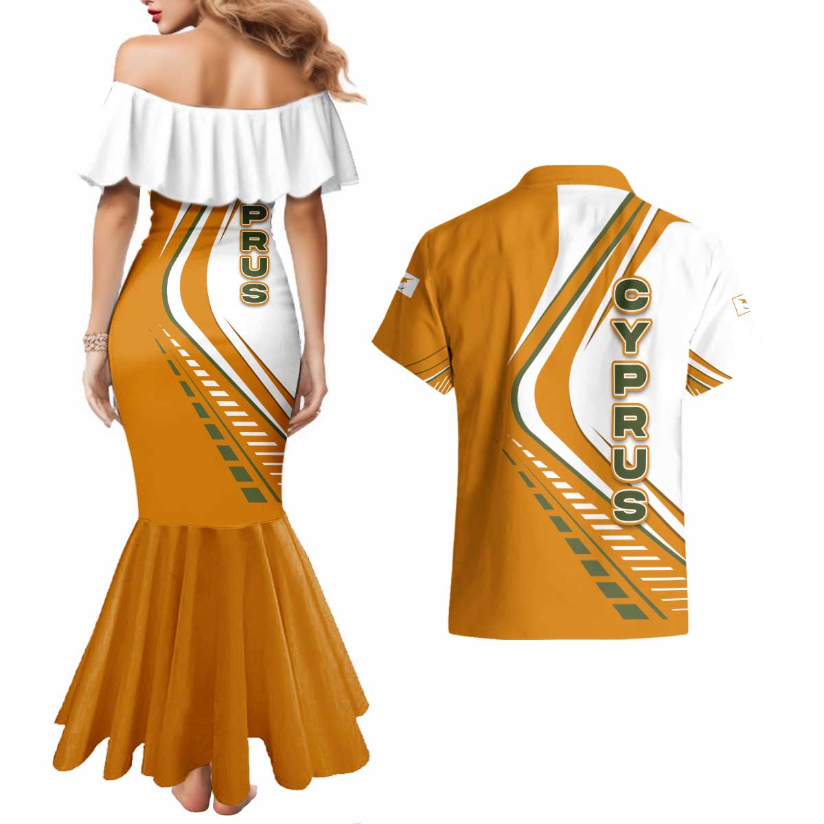 Cyprus Couples Matching Mermaid Dress and Hawaiian Shirt with Orange White Abstract Streak Design and Flag Emblem - Wonder Print Shop