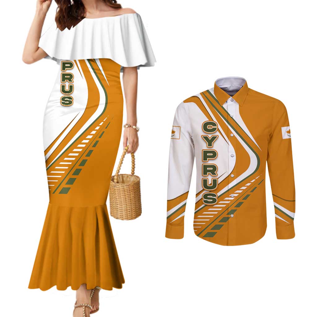 Cyprus Couples Matching Mermaid Dress and Long Sleeve Button Shirt with Orange White Abstract Streak Design and Flag Emblem - Wonder Print Shop