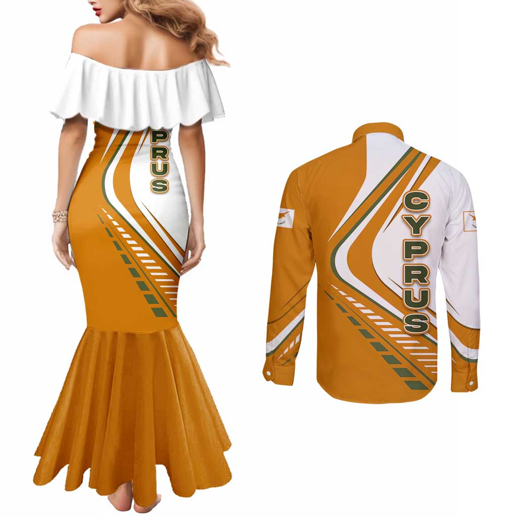 Cyprus Couples Matching Mermaid Dress and Long Sleeve Button Shirt with Orange White Abstract Streak Design and Flag Emblem - Wonder Print Shop