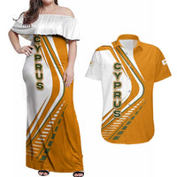 Cyprus Couples Matching Off Shoulder Maxi Dress and Hawaiian Shirt with Orange White Abstract Streak Design and Flag Emblem - Wonder Print Shop