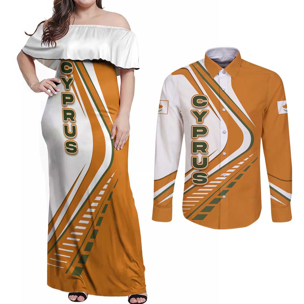 Cyprus Couples Matching Off Shoulder Maxi Dress and Long Sleeve Button Shirt with Orange White Abstract Streak Design and Flag Emblem - Wonder Print Shop