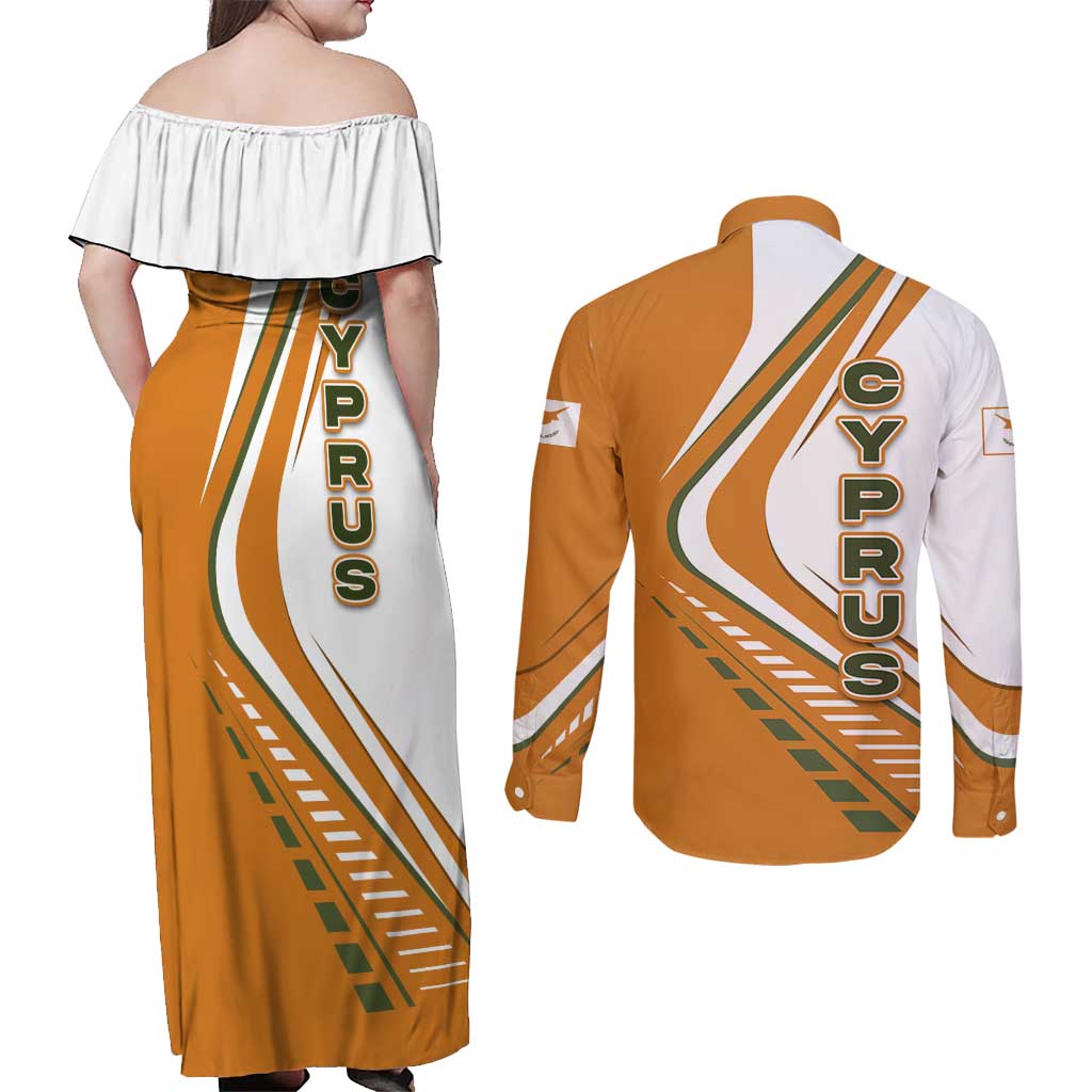 Cyprus Couples Matching Off Shoulder Maxi Dress and Long Sleeve Button Shirt with Orange White Abstract Streak Design and Flag Emblem - Wonder Print Shop