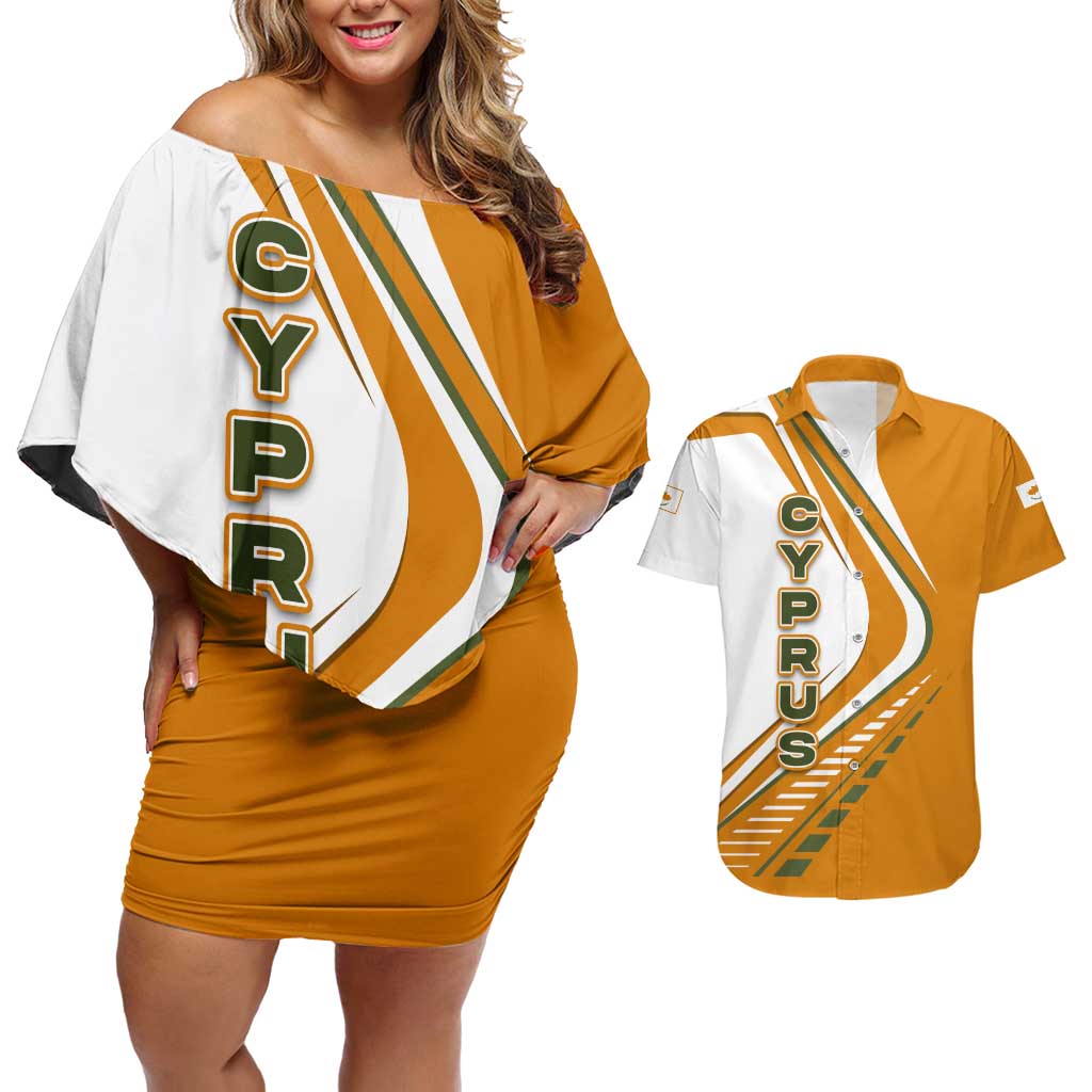 Cyprus Couples Matching Off Shoulder Short Dress and Hawaiian Shirt with Orange White Abstract Streak Design and Flag Emblem - Wonder Print Shop