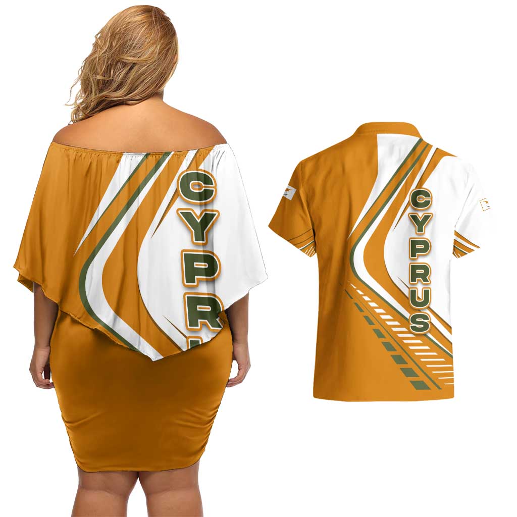 Cyprus Couples Matching Off Shoulder Short Dress and Hawaiian Shirt with Orange White Abstract Streak Design and Flag Emblem - Wonder Print Shop