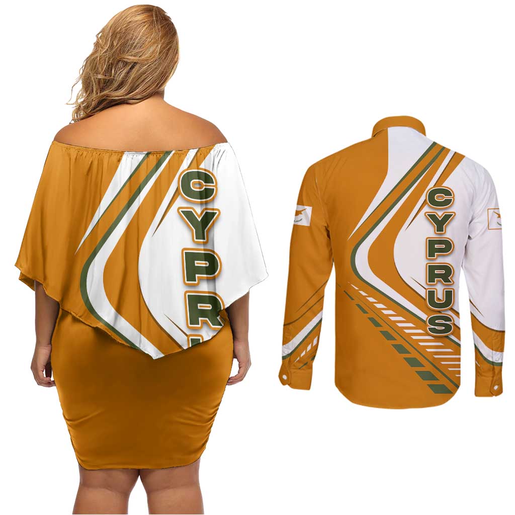 Cyprus Couples Matching Off Shoulder Short Dress and Long Sleeve Button Shirt with Orange White Abstract Streak Design and Flag Emblem - Wonder Print Shop