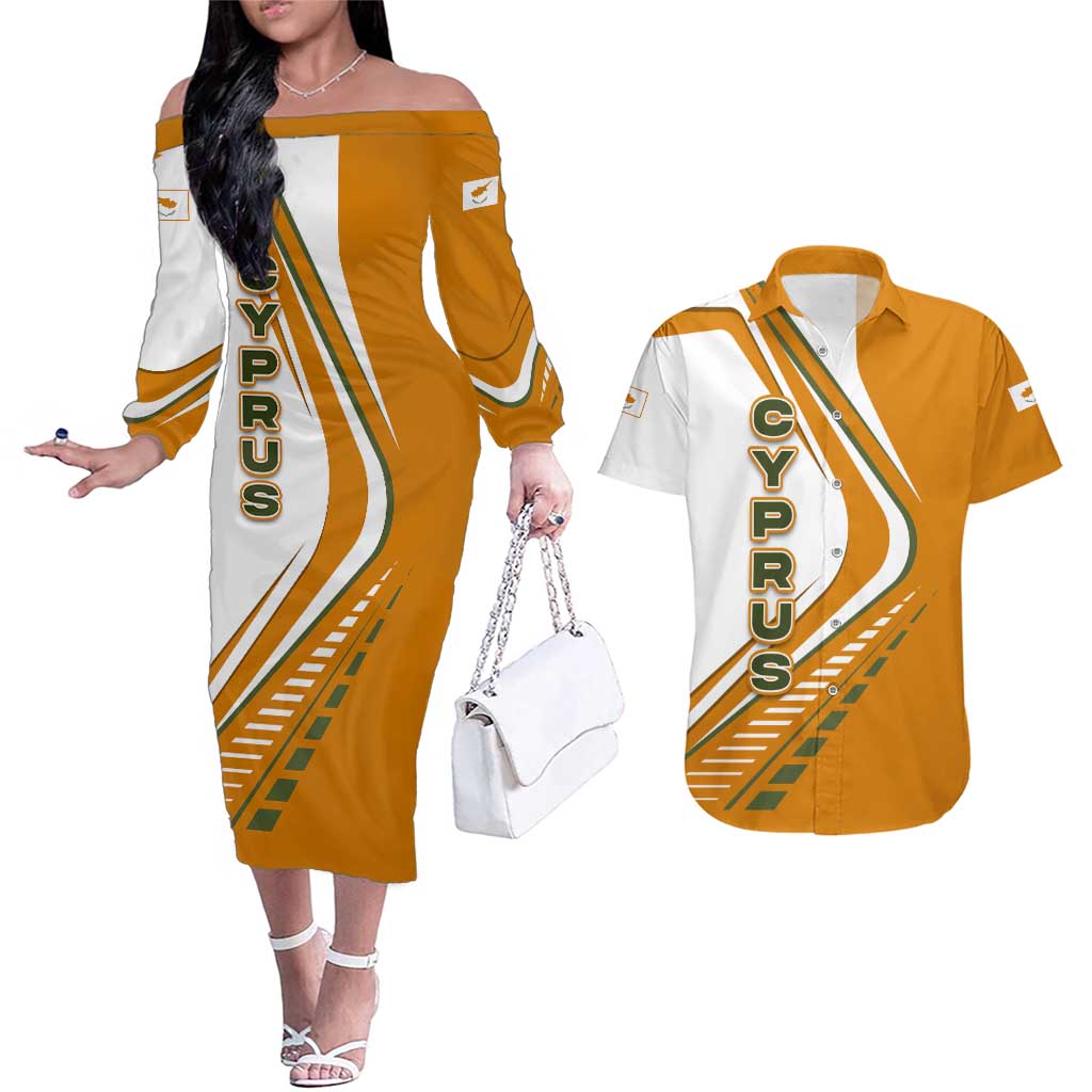 Cyprus Couples Matching Off The Shoulder Long Sleeve Dress and Hawaiian Shirt with Orange White Abstract Streak Design and Flag Emblem - Wonder Print Shop