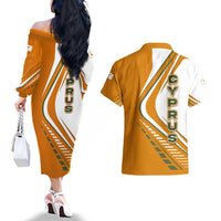 Cyprus Couples Matching Off The Shoulder Long Sleeve Dress and Hawaiian Shirt with Orange White Abstract Streak Design and Flag Emblem - Wonder Print Shop