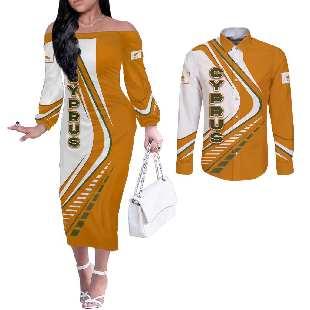 Cyprus Couples Matching Off The Shoulder Long Sleeve Dress and Long Sleeve Button Shirt with Orange White Abstract Streak Design and Flag Emblem - Wonder Print Shop