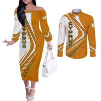 Cyprus Couples Matching Off The Shoulder Long Sleeve Dress and Long Sleeve Button Shirt with Orange White Abstract Streak Design and Flag Emblem - Wonder Print Shop