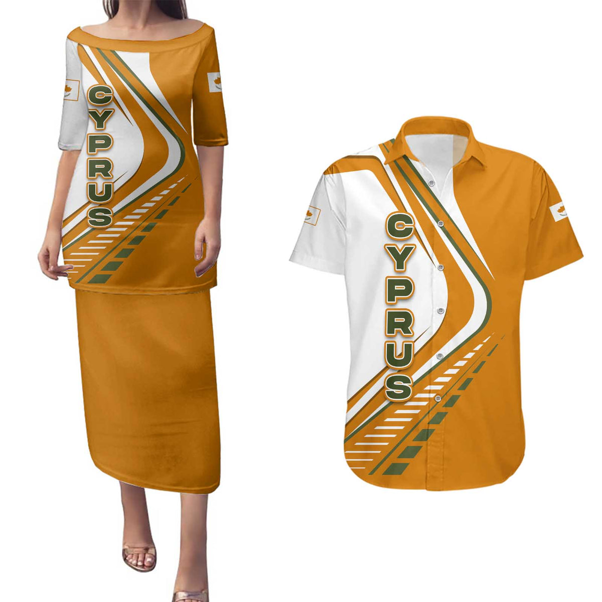 Cyprus Couples Matching Puletasi and Hawaiian Shirt with Orange White Abstract Streak Design and Flag Emblem - Wonder Print Shop