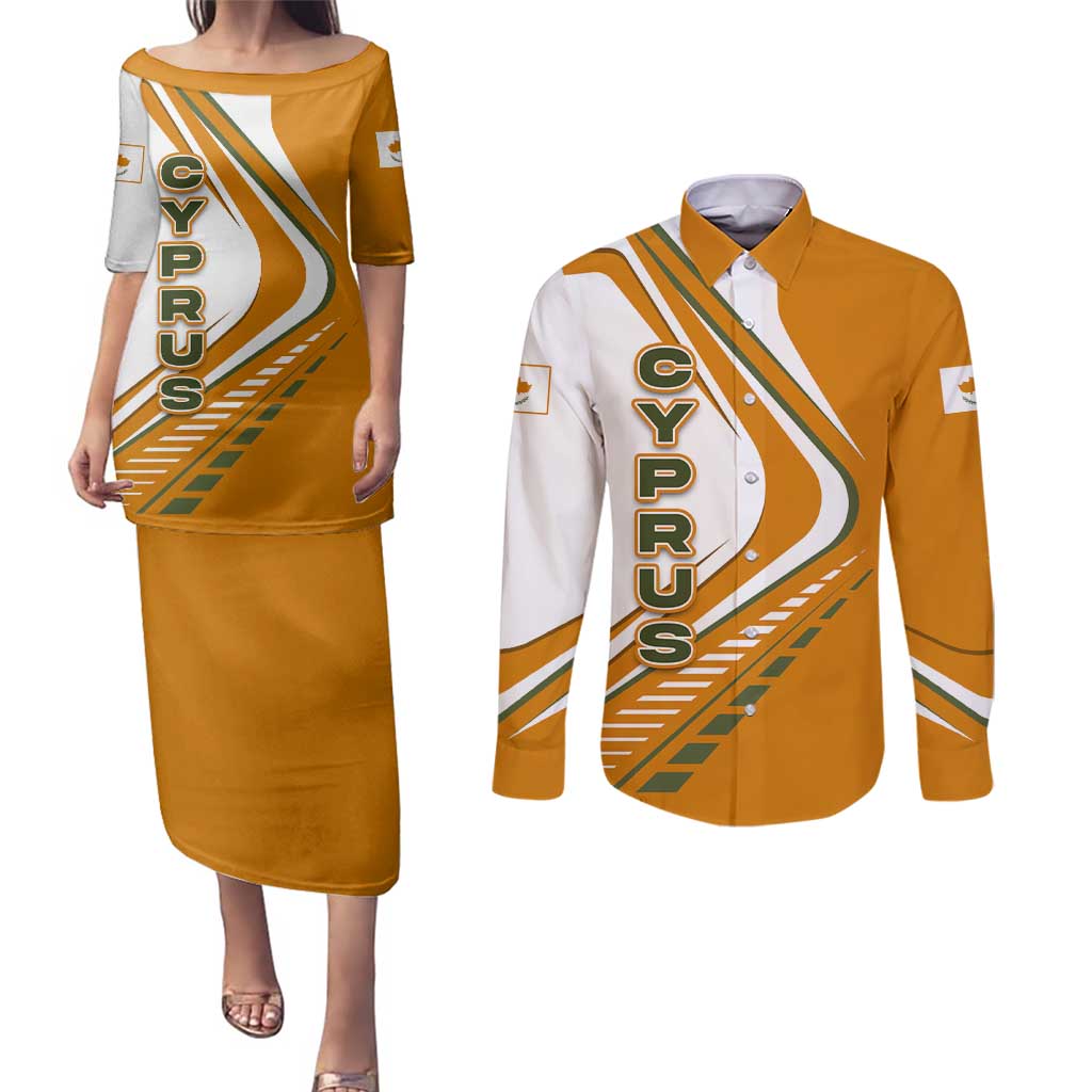 Cyprus Couples Matching Puletasi and Long Sleeve Button Shirt with Orange White Abstract Streak Design and Flag Emblem - Wonder Print Shop