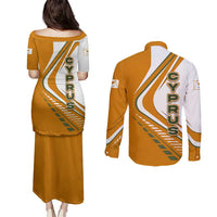 Cyprus Couples Matching Puletasi and Long Sleeve Button Shirt with Orange White Abstract Streak Design and Flag Emblem - Wonder Print Shop