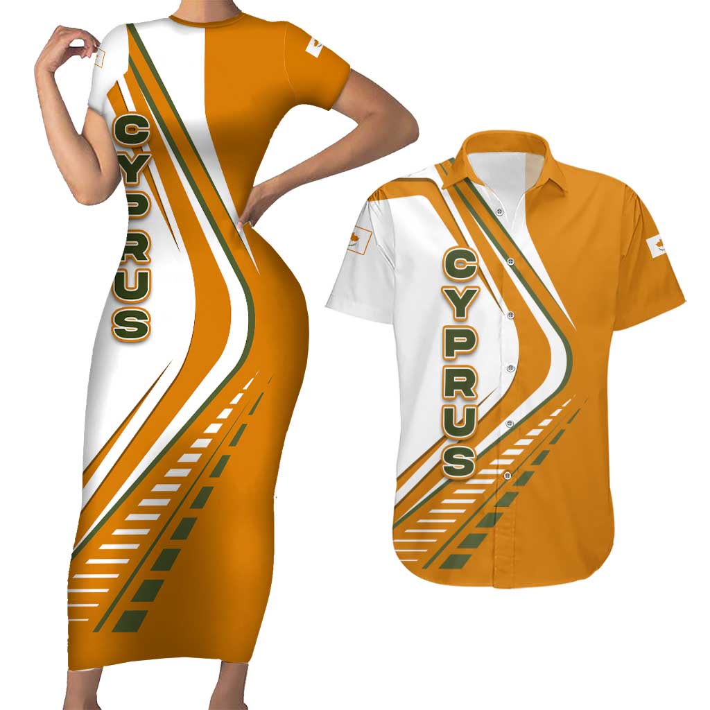 Cyprus Couples Matching Short Sleeve Bodycon Dress and Hawaiian Shirt with Orange White Abstract Streak Design and Flag Emblem - Wonder Print Shop