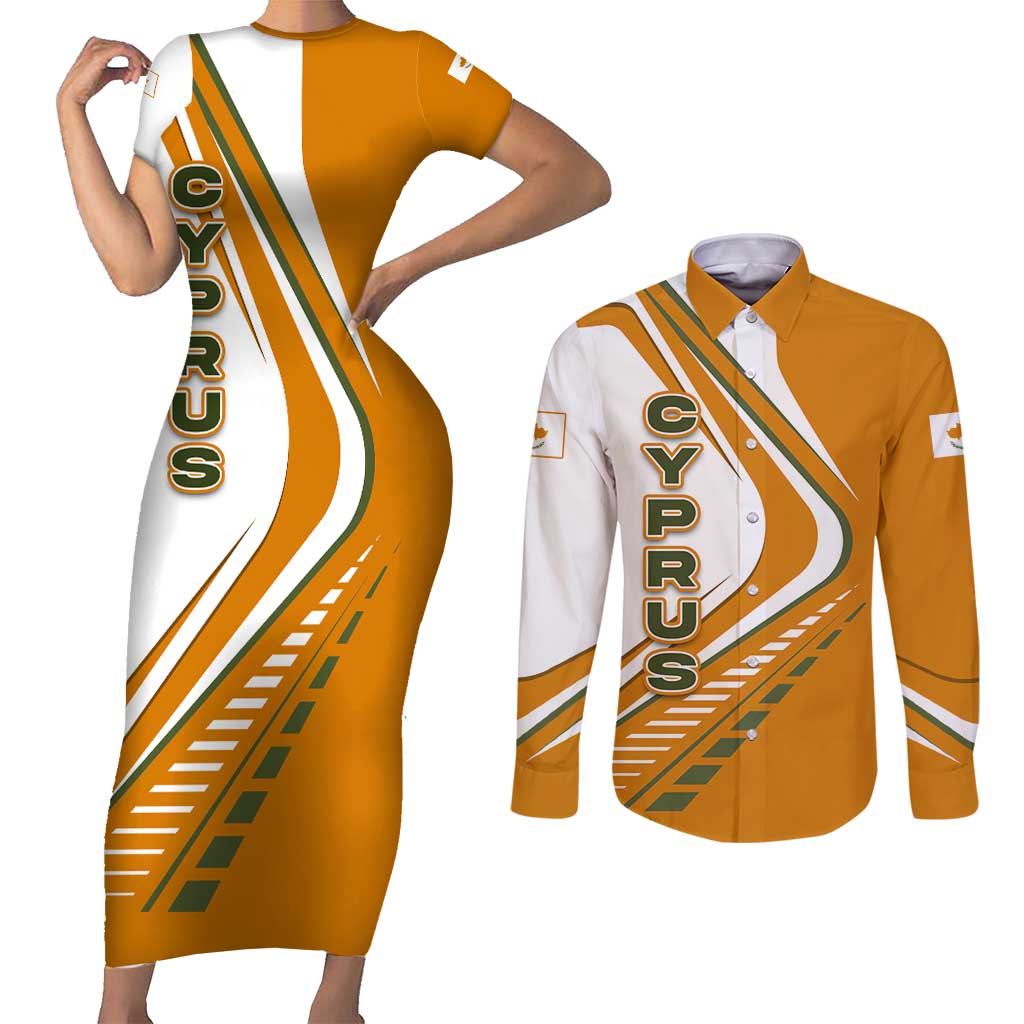 Cyprus Couples Matching Short Sleeve Bodycon Dress and Long Sleeve Button Shirt with Orange White Abstract Streak Design and Flag Emblem - Wonder Print Shop