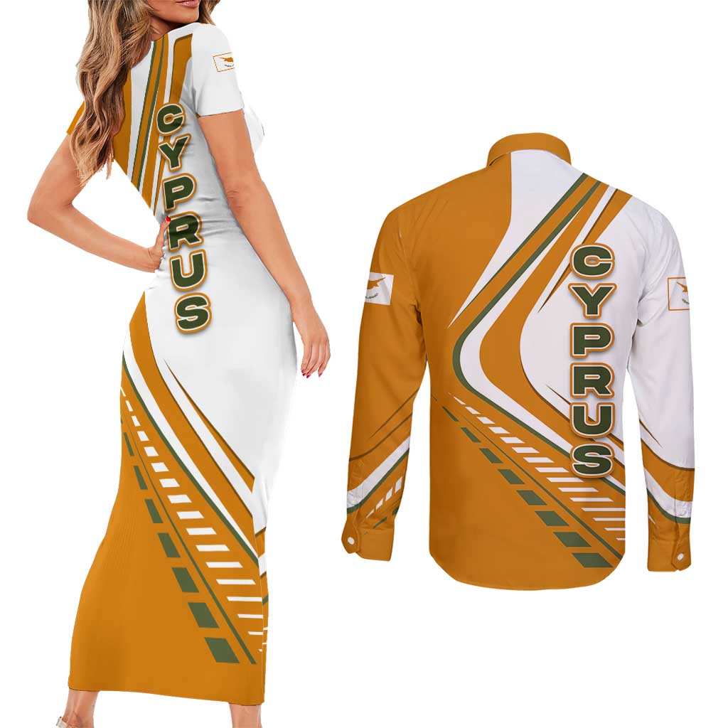 Cyprus Couples Matching Short Sleeve Bodycon Dress and Long Sleeve Button Shirt with Orange White Abstract Streak Design and Flag Emblem - Wonder Print Shop