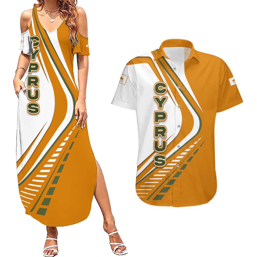 Cyprus Couples Matching Summer Maxi Dress and Hawaiian Shirt with Orange White Abstract Streak Design and Flag Emblem - Wonder Print Shop