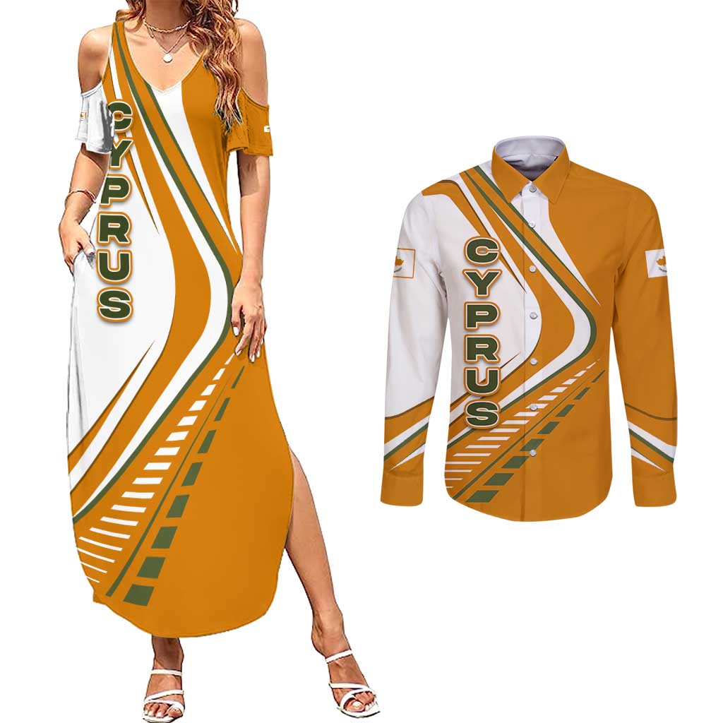 Cyprus Couples Matching Summer Maxi Dress and Long Sleeve Button Shirt with Orange White Abstract Streak Design and Flag Emblem - Wonder Print Shop