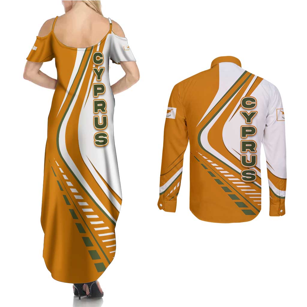 Cyprus Couples Matching Summer Maxi Dress and Long Sleeve Button Shirt with Orange White Abstract Streak Design and Flag Emblem - Wonder Print Shop