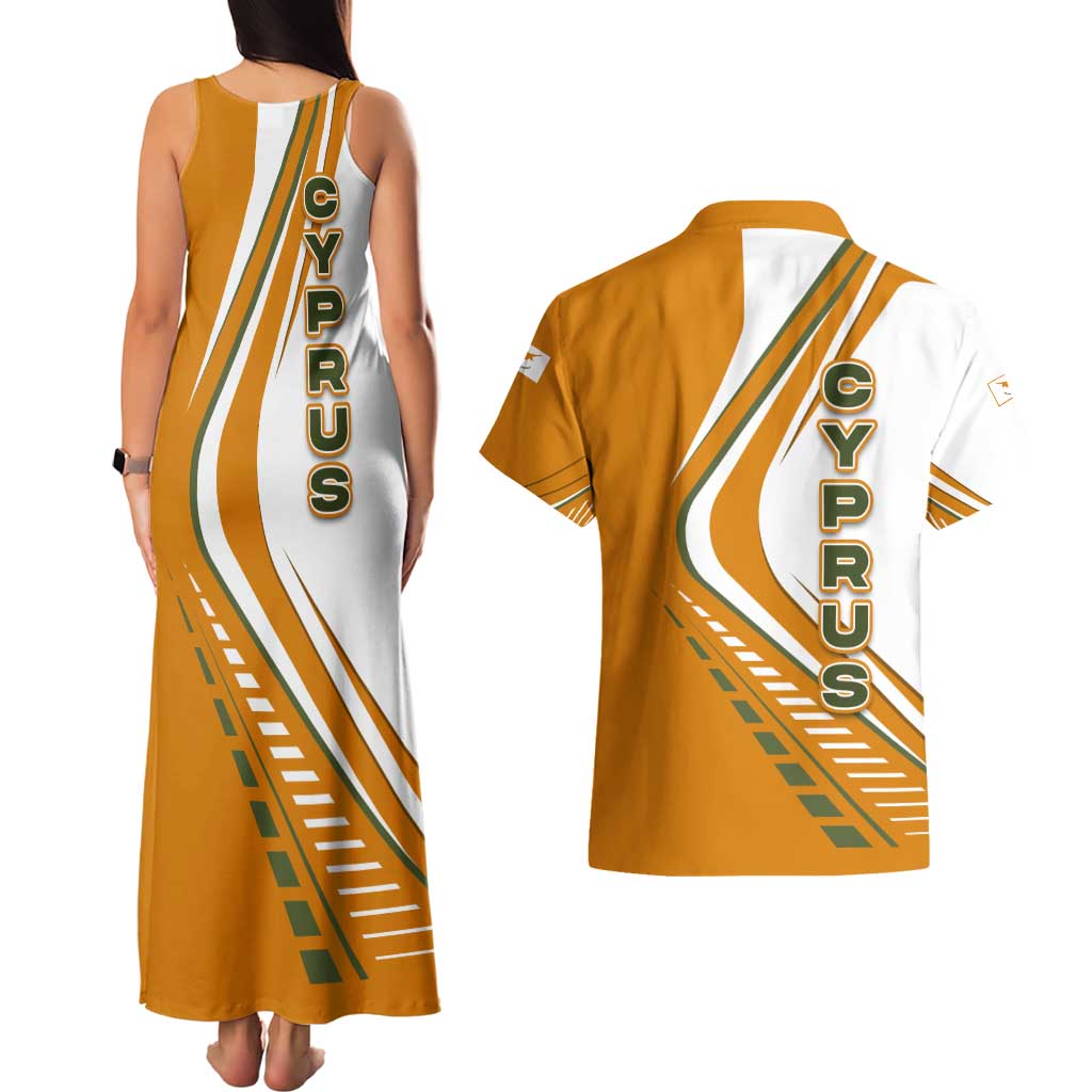 Cyprus Couples Matching Tank Maxi Dress and Hawaiian Shirt with Orange White Abstract Streak Design and Flag Emblem - Wonder Print Shop