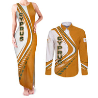 Cyprus Couples Matching Tank Maxi Dress and Long Sleeve Button Shirt with Orange White Abstract Streak Design and Flag Emblem - Wonder Print Shop
